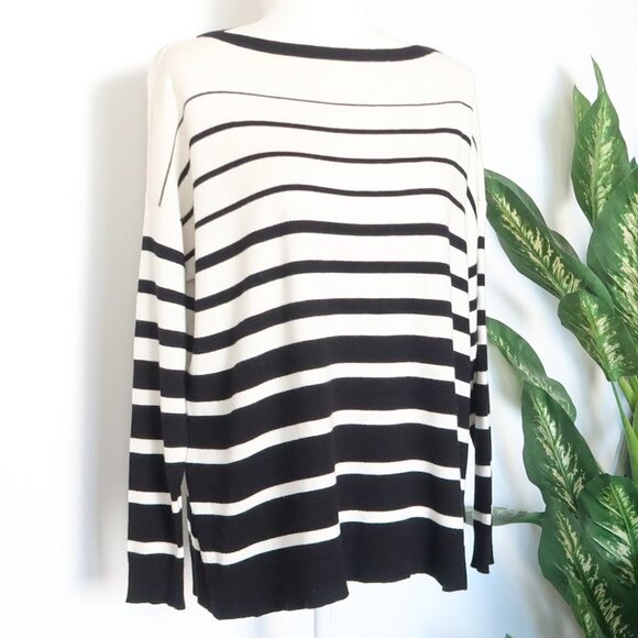 Ralph Lauren Black White Striped Knit Boat Neck Long Sleeve Sweater Pullover S - Picture 2 of 7